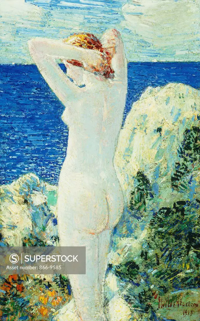The Bather. Frederick Childe Hassam (1859-1935).  Oil on panel. Signed and dated 1919. 24.3 x 15.8cm