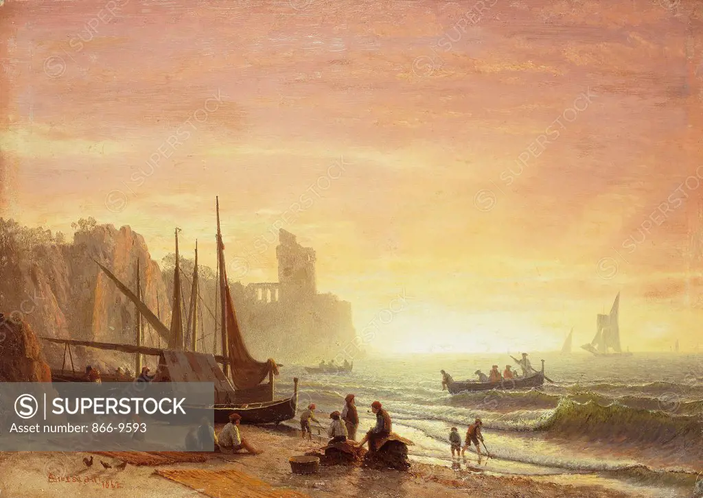 The Fishing Fleet. Albert Bierstadt (1830-1902). Oil on board. Signed and dated 1862. 24.7 x 34.8cm
