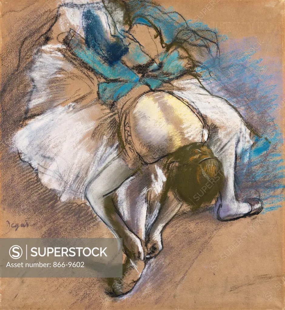 Dancer Putting On Her shoes; Danseuse Attachant Son Chausson. Edgar Degas (1834-1917). Pastel and chalk on buff paper. Painted circa 1880-1885. 47.2 x 43cm