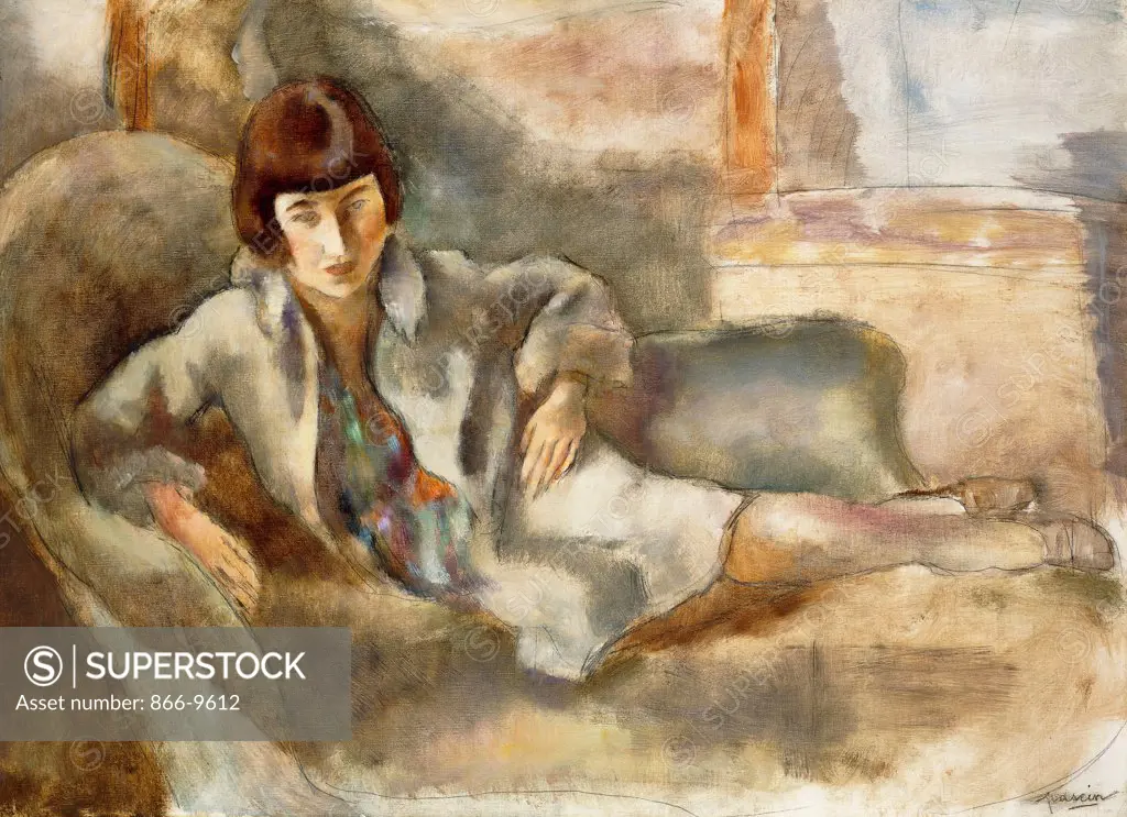 Woman on a Couch; La Dame au Canape. Jules Pascin (1885-1930). Oil over black chalk on canvas. Signed and inscribed '36 Bld. du Clichy'. Painted circa 1927.  73 x 100cm