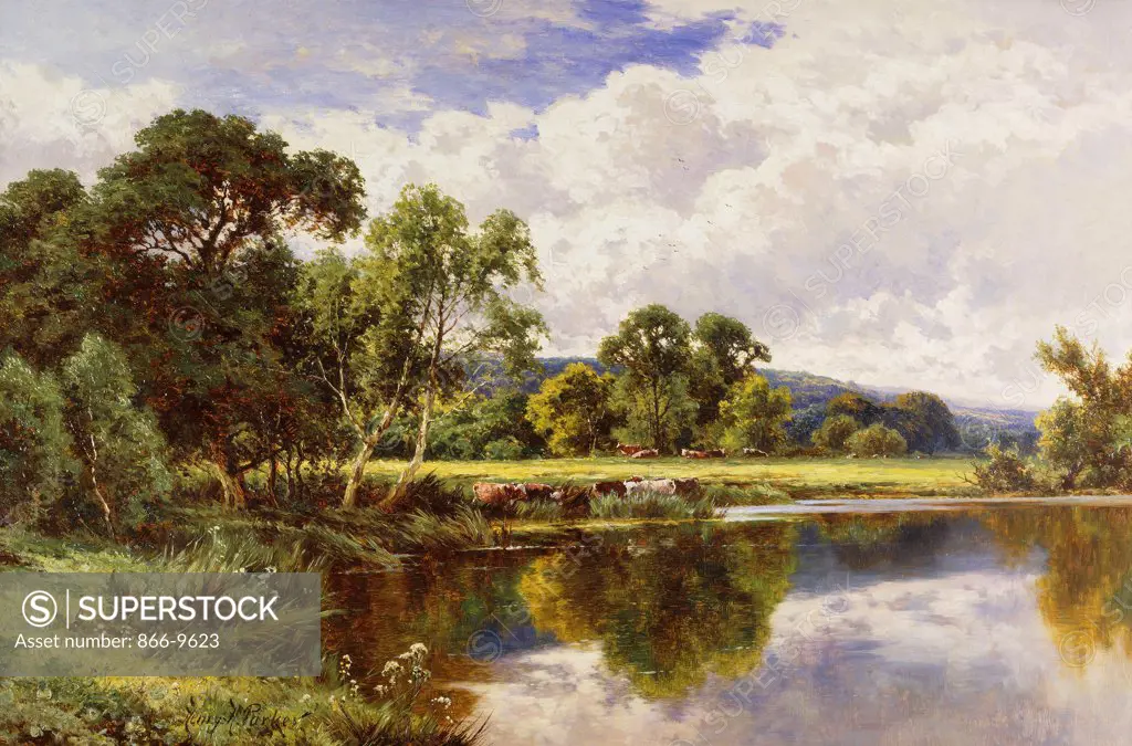 A Wooded River Landscape with Cattle.  Henry H. Parker (1858-1930). Oil on canvas. 59.6 x 90cm