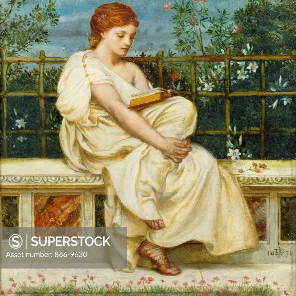 Reading.  Sir Edward John Poynter (1836-1919). Oil on panel. Dated 1871. 20 x 20cm