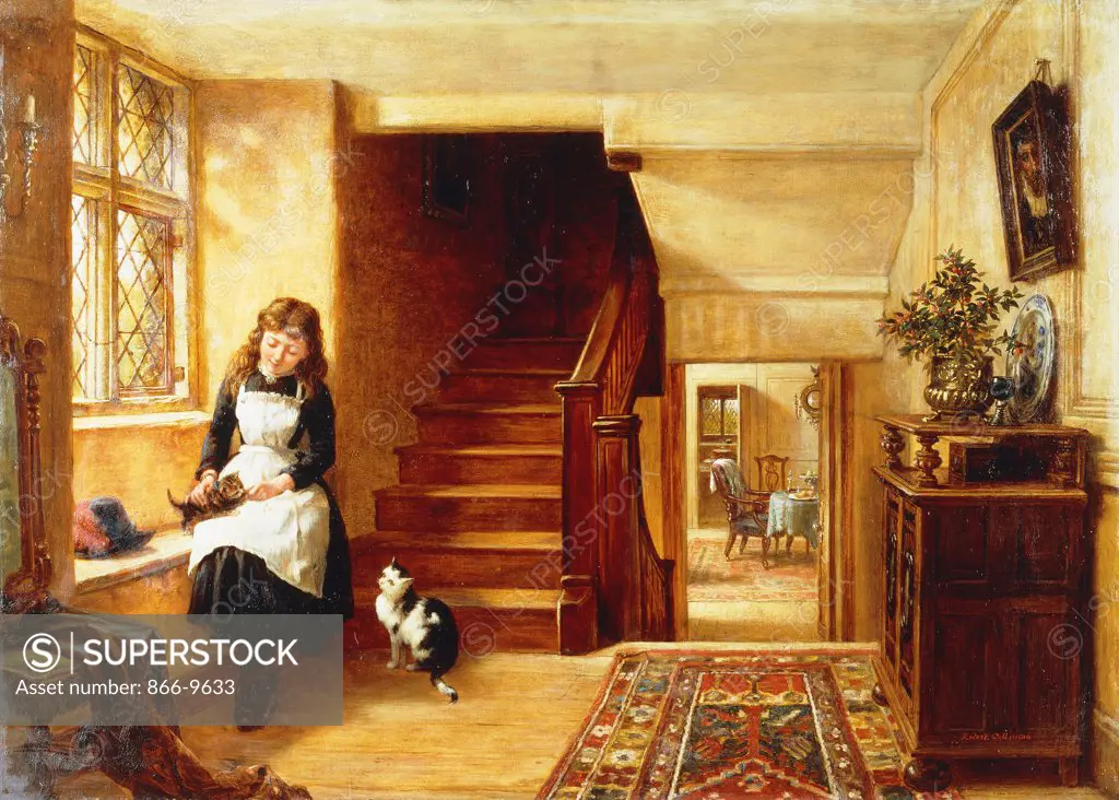 An Interior with a Girl Playing with Cats. Robert Collinson (1830-1890). Oil on canvas. 47 x 67.3cm