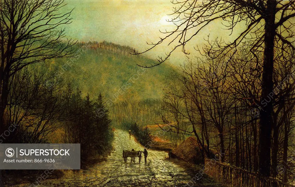 Forge Valley, Scarboro'.  John Atkinson Grimshaw (1836-1893). Oil on board. Signed and dated 1877. 28 x 44cm