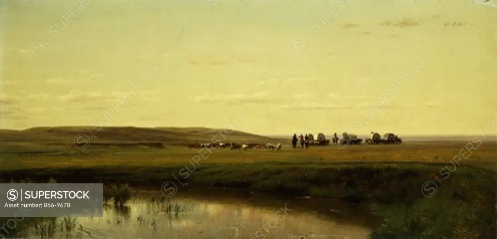 A Wagon Train on the Plains, Platte River. Thomas Worthington Whittredge (1820-1910). Oil on canvas laid on masonite. 26.7 x 54.5cm