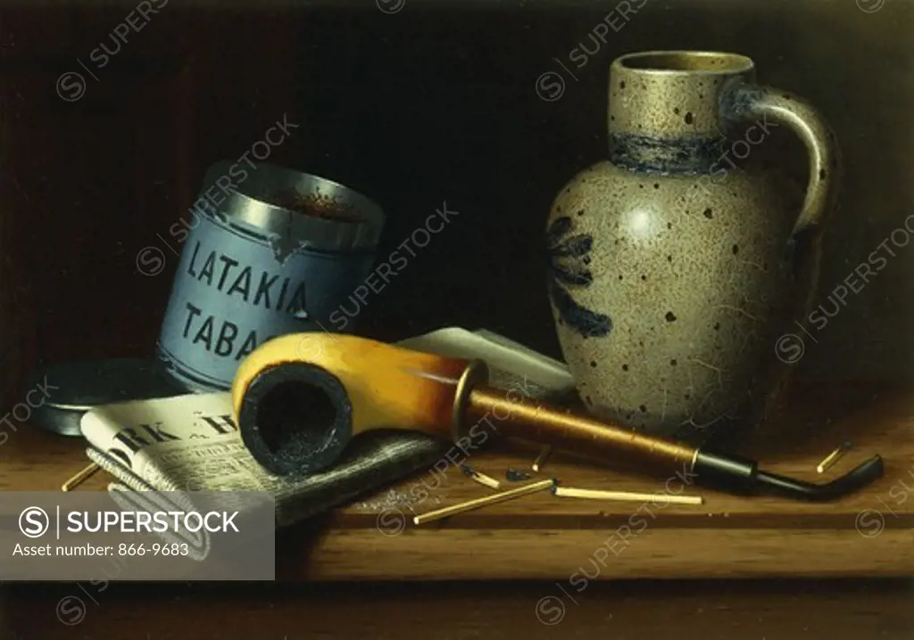 Still Life with Pipe and Tobacco. William Michael Harnett (1848-1892). Oil on canvas. 25.4 x 35.1cm
