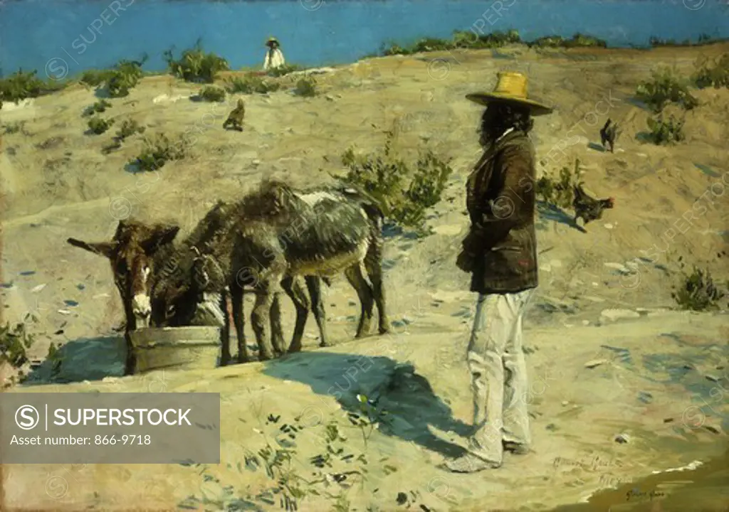 Watering the Mules. William Gilbert Gaul (1855-1919) Oil on canvas. Signed and inscribed Mexico. 60.8 x 78.3cm