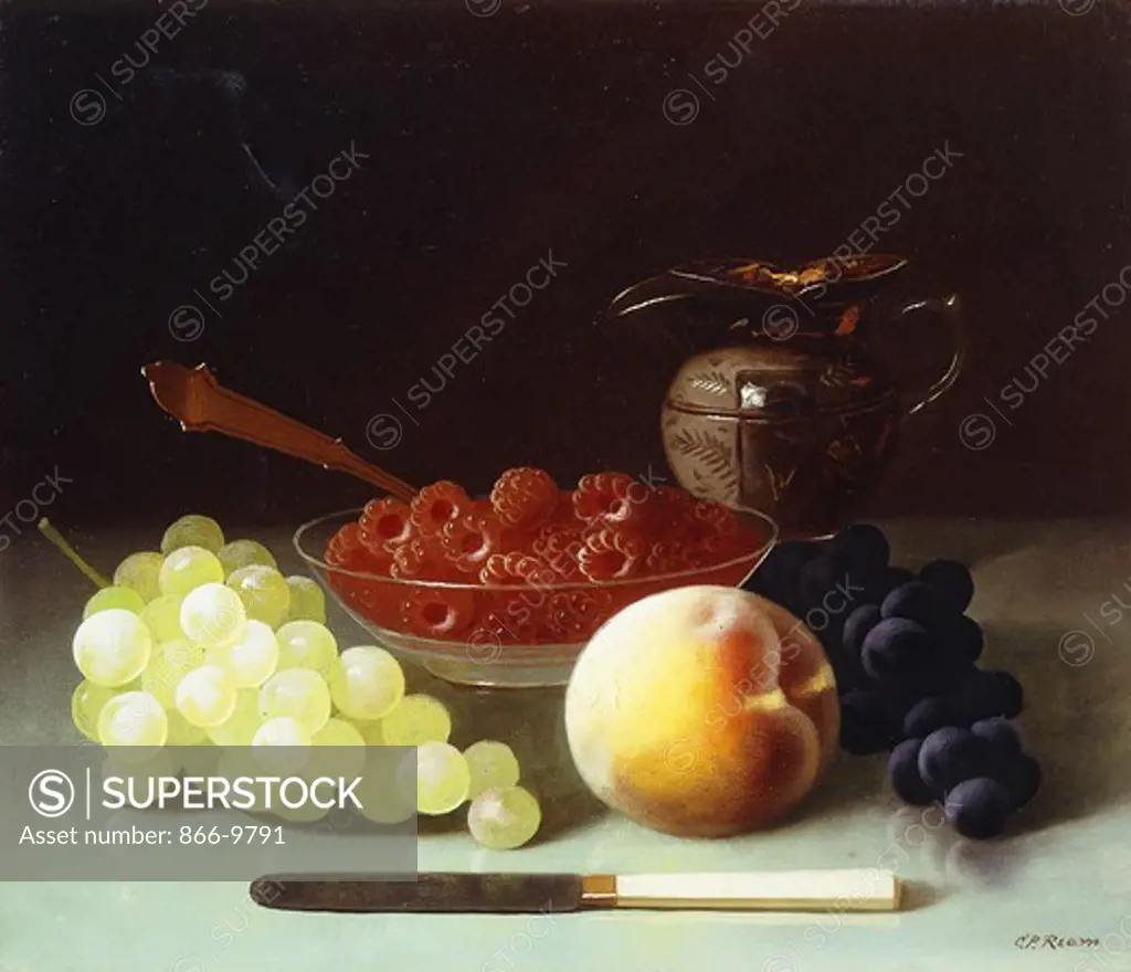 Still Life with Fruit and Staffordshire Creamer. Carducius Plantagenet Ream (1837-1917). Oil on board. 30.4 x 35.6cm