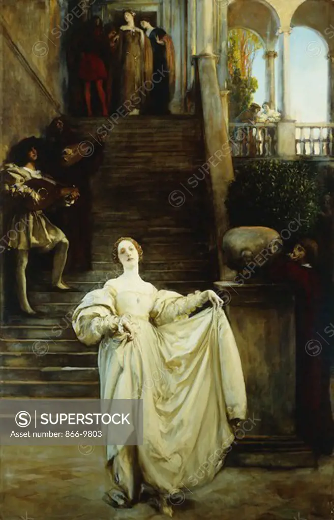 A Measure. Edwin Austin Abbey (1852-1911).  Oil on canvas. Signed and dated 1904. 216 x 138.2cm. The Painting depicts Beatrice in a scene from Much Ado About Nothing, Act II Scene I.