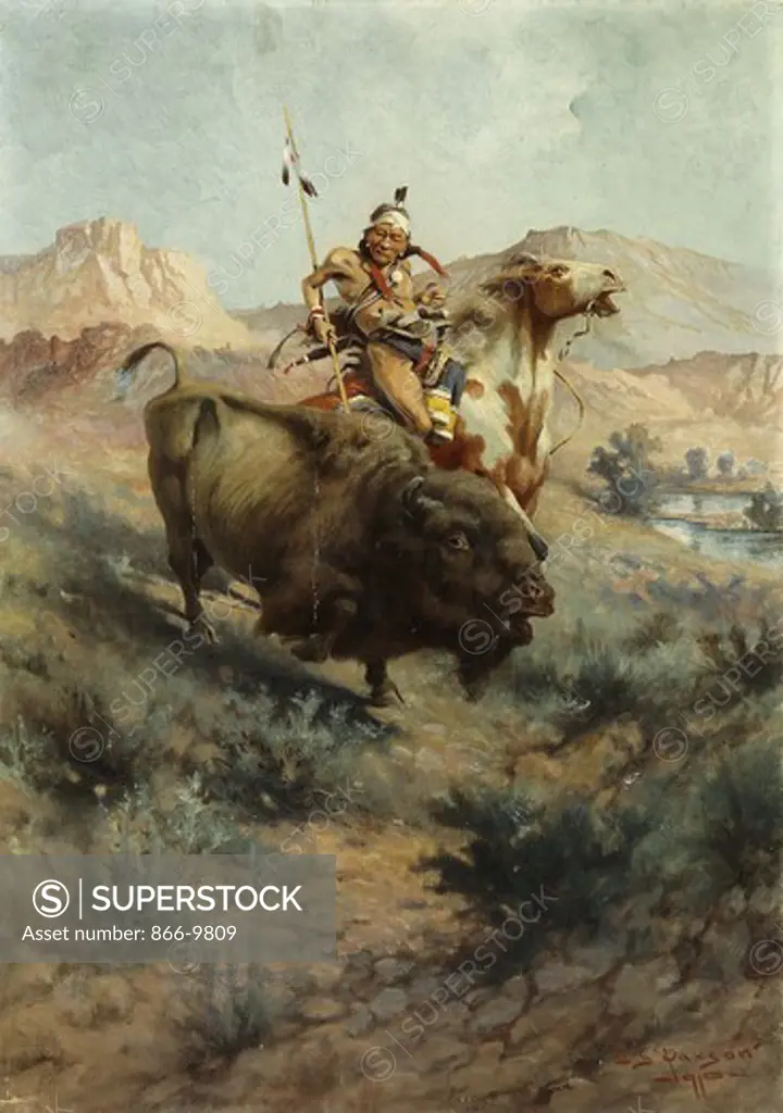 Indian and Buffalo. Edgar Samuel Paxson (1852-1919). Oil on canvas. Signed and dated 1891. 71.4 x 50.8cm