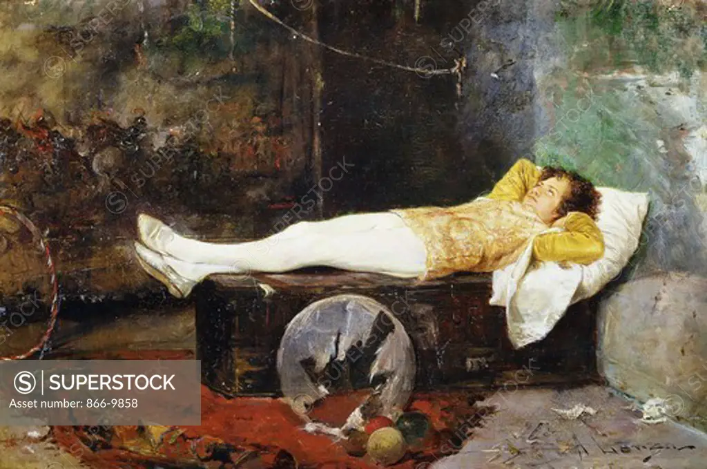 The Sleeping Circus Boy. Antonio Lonza (1846-1918). Oil on panel. 24 x 37cm.