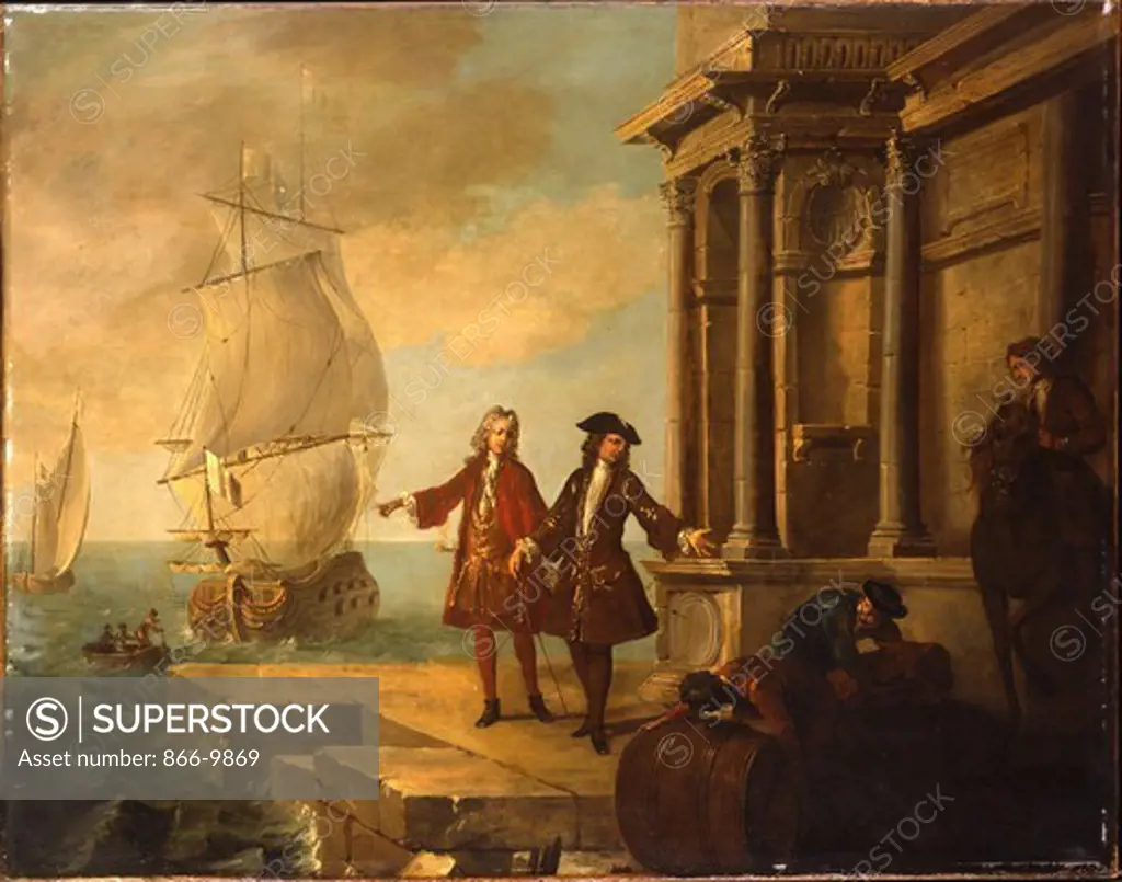 From the Four Parts of the World - Europe: European Merchants with Stevedores Handling a Barrel and a Bale on a Quay. Jean-Baptiste Oudry (1686-1755). Oil on canvas. Dated 1724. 92 x 117cm. From a set of four paintings.