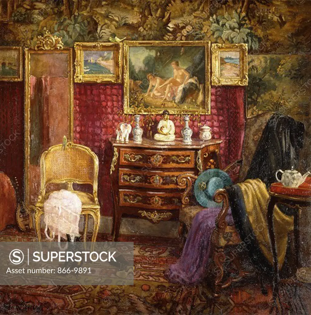 An Interior of a Boudoir. Einar Wegener (1883-1931). Oil on canvas. Dated 1916. 81.6 x 81.6cm.