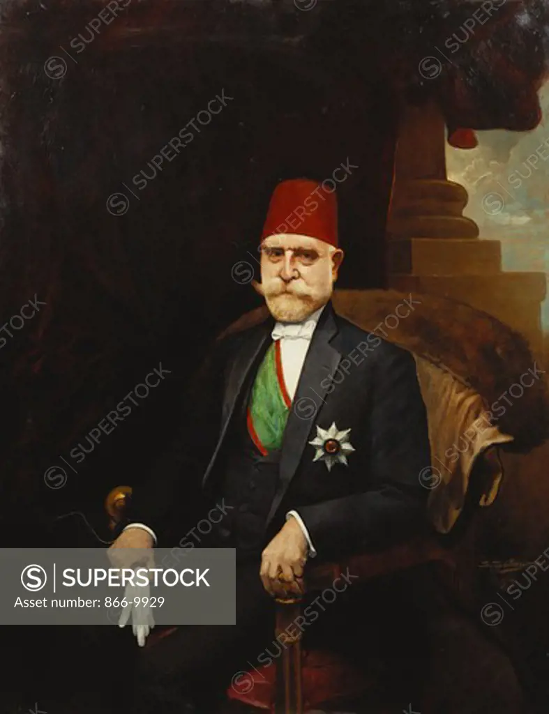 Portrait of a Turkish Ambassador seated three-quarter length wearing Morning Suit and a Fez.  S. Seberger (early 20th century). Oil on canvas. Signed and dated 1909. 146 x 114.3cm