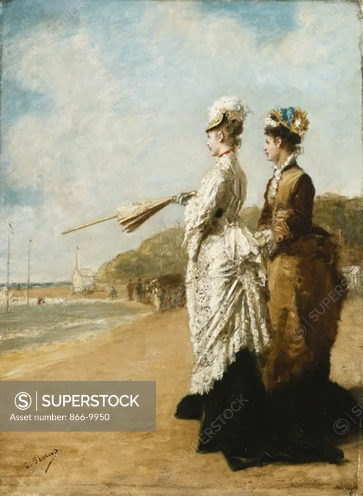 On the Beach at Trouville; Sur la Plage de Trouville.  Charles Francois Pecrus (1826-1907). Oil on panel. Dated 1875. 36.8 x 27.3cm.