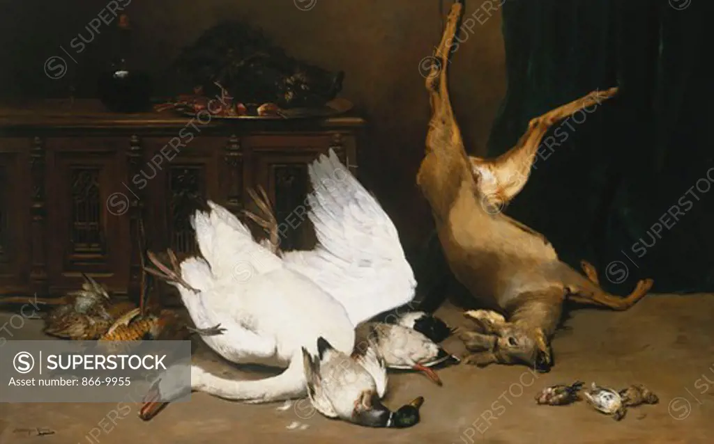 A Dead Swan, Pheasants, Mallard, a Doe, and a Boar's Head by a Decanter of Wine. Dominique Hubert Rozier (1840-1901). Oil on canvas. 140 x 229cm.