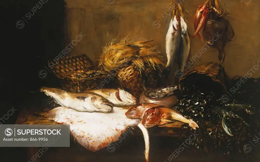 Oysters in a Blanket with an Eel, Plaice, Skate, Cod, Mullet, Carp, Trout and an Upturned Basket of Mussels. Dominique Hubert Rozier (1840-1901). Oil on canvas. 140 x 229cm.