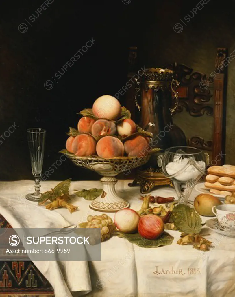Peaches in a Dresden Tazza, Grapes, Apples, Hazelnuts and Biscuits on a Draped Table. Jules Larcher (1849-1920). Oil on canvas. Dated 1883. 80.6 x 64.7cm.