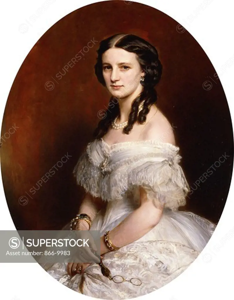 Portrait of a Lady, half length, Wearing a White Dress and Holding a Pair of Lunettes. Franz Xaver Winterhalter (1806-1873). Oil on canvas. 100.7 x 81.3cm.
