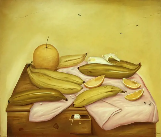 Still Life with Bananas and Oranges; Naturaleza Muerta con Bananas y Naranjas. Fernando Botero (b. 1932). Oil on canvas. Dated 1970. 94 x 110.5cm.