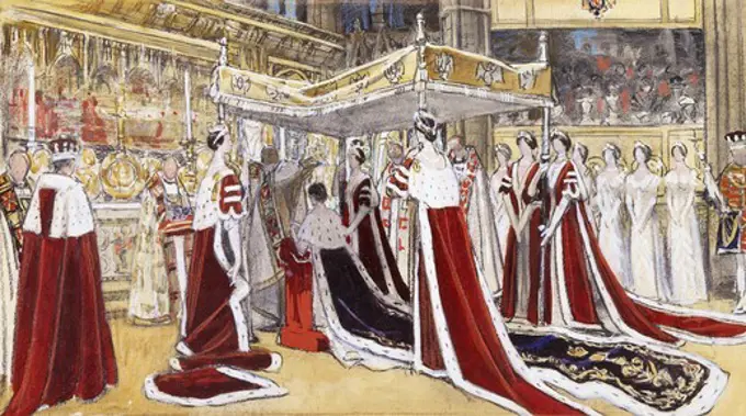 The Crowning of H.M. Queen Elizabeth.  Frank O. Salisbury (1874-1962). Charcoal, coloured chalk and watercolour on beige paper. 64.7 x 107.9cm
