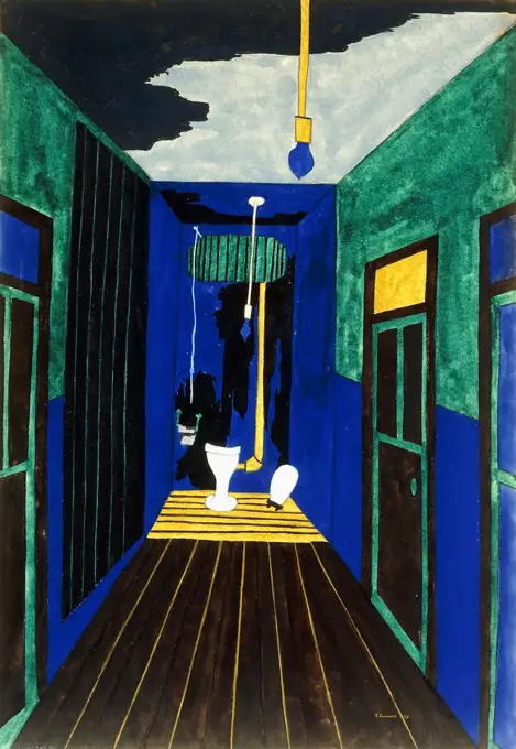 Three Family Toilet. Jacob Lawrence (1917-2000). Gouache on paper. Signed and dated 1943. 57.4 x 40.6cm.