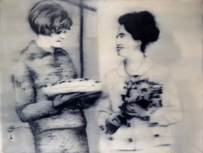 Two Women with a Cake; Zwei Frauen mit Torte. Gerhard Richter (b.1932). Oil on canvas. Painted in 1965. 76 x 100cm.