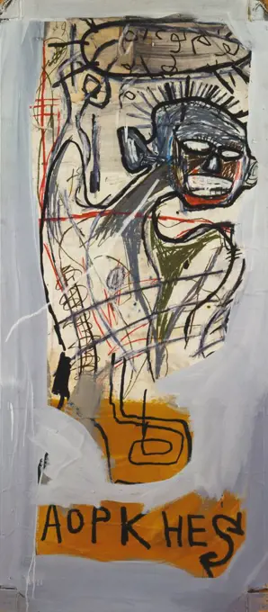 Untitled (Aopkhes). Jean Michel Basquiat (1960-1988). Acrylic, oilstick and paper collage on canvas on wood supports. Executed in 1982. 184 x 91cm.