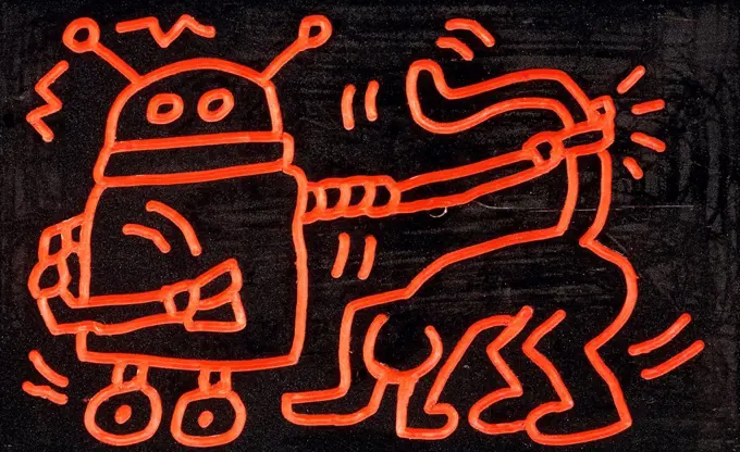 Untitled. Keith Haring (1958-1990). Enamel on wood. 28 x 45cm. Signed 'C Kermit Oswald' on reverse and dated 1983. 28 x 45cm.