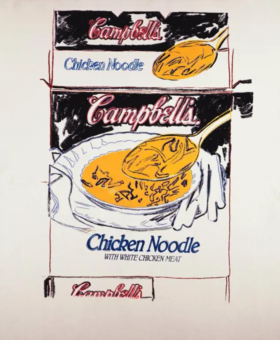 Campbell's Chicken Noodle Soup Box. Andy Warhol (1928-1987). Synthetic polymer and silkscreen inks on canvas. Signed and dated 1985. 183 x 152cm.