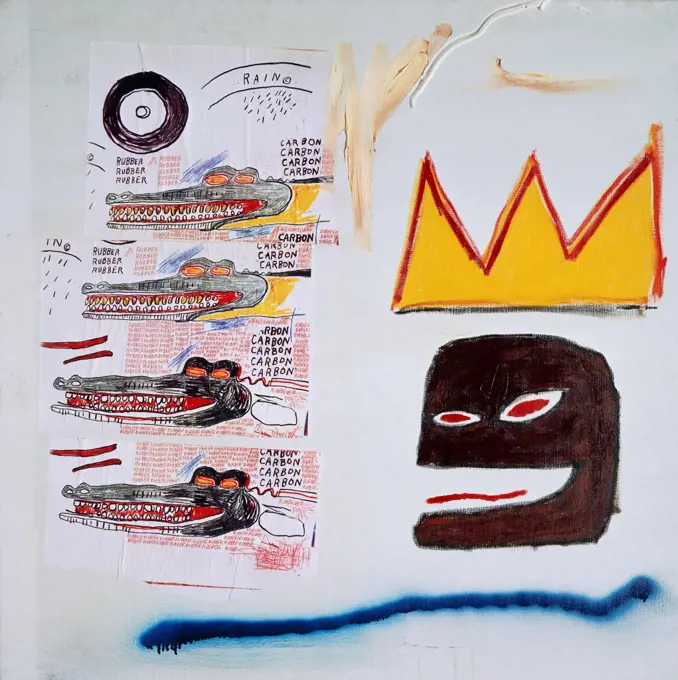 Untitled. Jean-Michel Basquiat (1960-1988). Acrylic, spraypaint, oilstick and paper collage on canvas. Executed 1984. 105 x 105cm