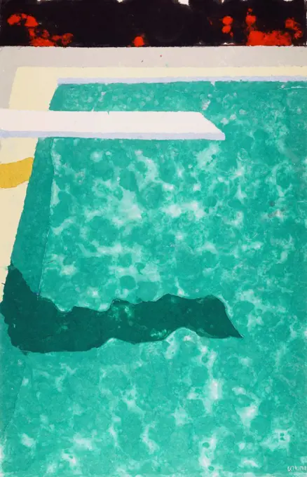 Green Pool with Diving Board and Shadow (Paper Pool 3). David Hockney (b.1937). Liquid dyes and coloured pulp applied to pressed paper pulp. Executed in 1978. 125.7 x 80cm.