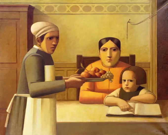 Meal - Mother and Daughter; Refeicao - Mae e Filha. Reynaldo Fonseca (b.1925). Oil on canvas. Painted in 1978. 81.3 x 100.4cm.