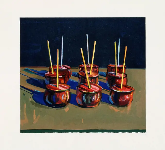 Candy Apples. Wayne Thiebaud  (b.1920). Woodcut in colors. Printed in 1987. 59.7 x 61.6cm.