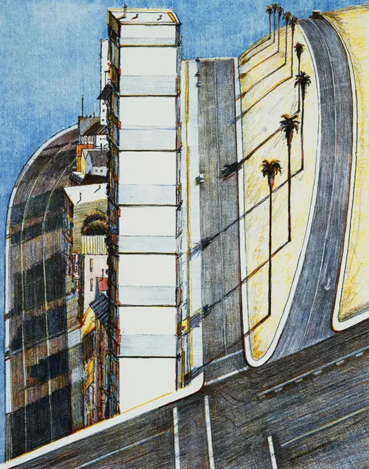 Palm Ridge, for Recent Etchings II. Wayne Thiebaud (b.1920). Soft-ground etching in black, ultramarine, yellow and red on wove paper. printed in 1980. 42.3 x 33.7cm.