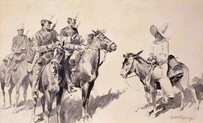 Mexican Gendarmes asking the Way. Frederic Remington (1861-1909). Pen and brush and black ink on paper laid on board. Signed and dated 1890.  35.6 x 59.6cm