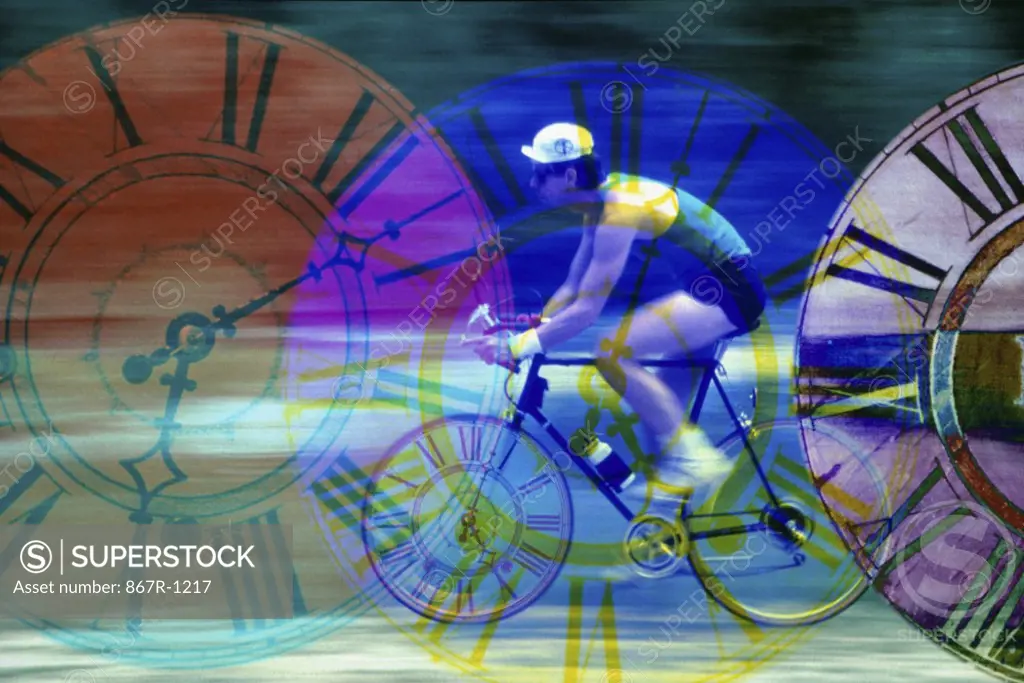 Man cycling with clocks superimposed