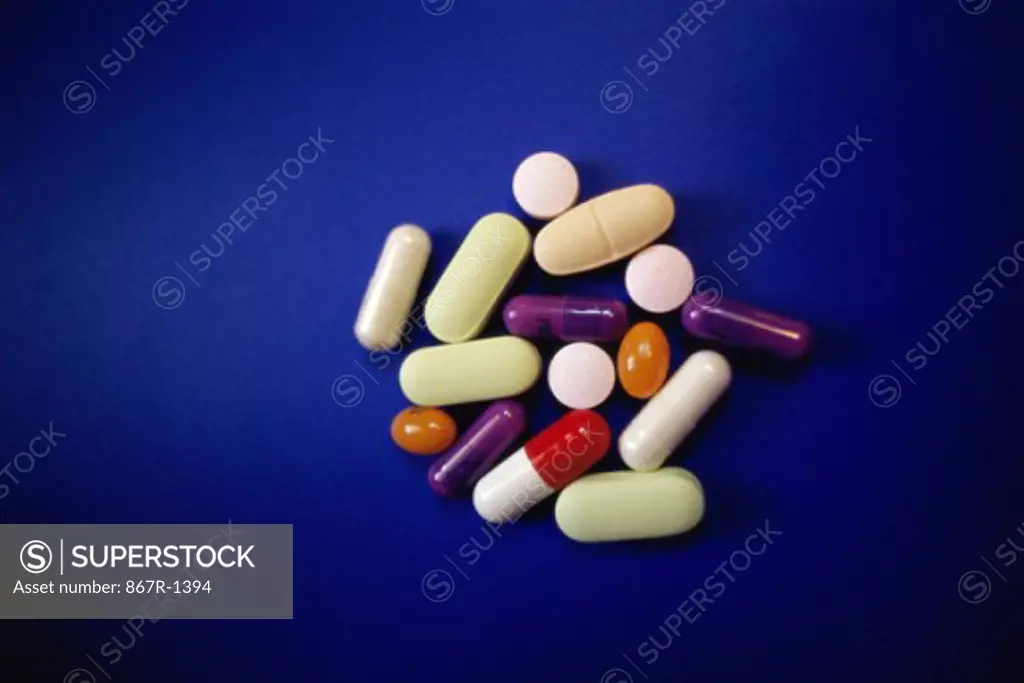 Close-up of an assortment of tablets and capsules