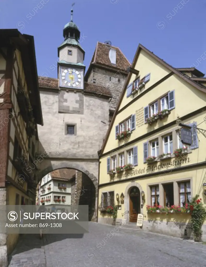 Low angle view of a clock tower, Rothenburg ob der Tauber, Germany