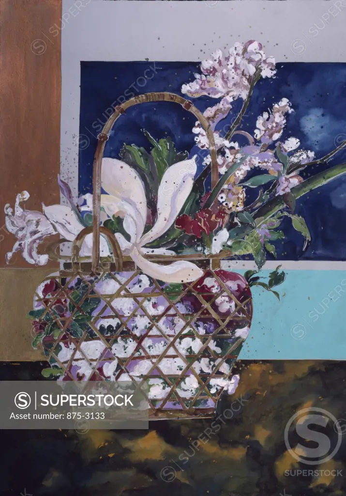 Oriental Basket and Flowers Reprise, by John Bunker, watercolour painting, 1994, 20th Century