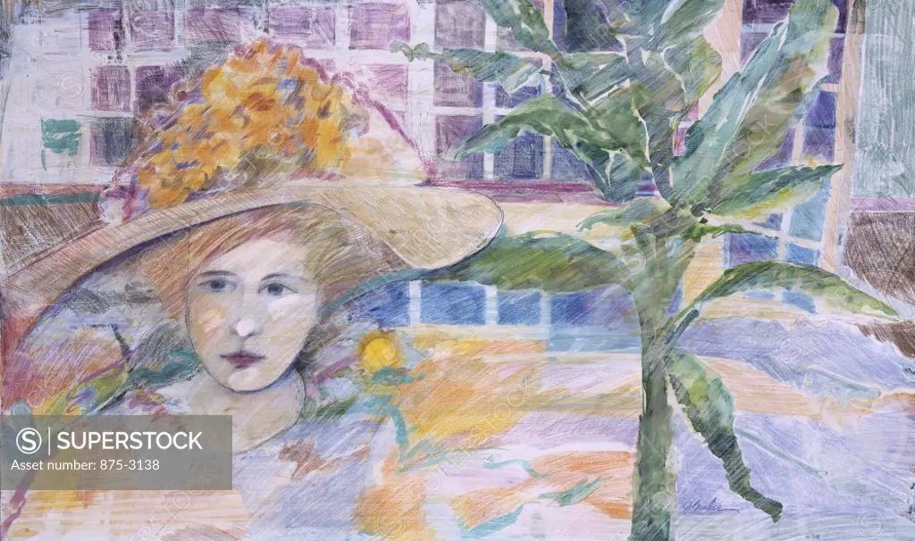 Woman with Hat and Banana Tree, by John Bunker, watercolour painting, 20th Century