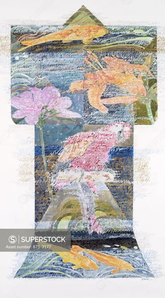 Kimono with Flowers, Fish and Bird by John Bunker, mixed media on paper, 1990, 20th Century, Private Collection