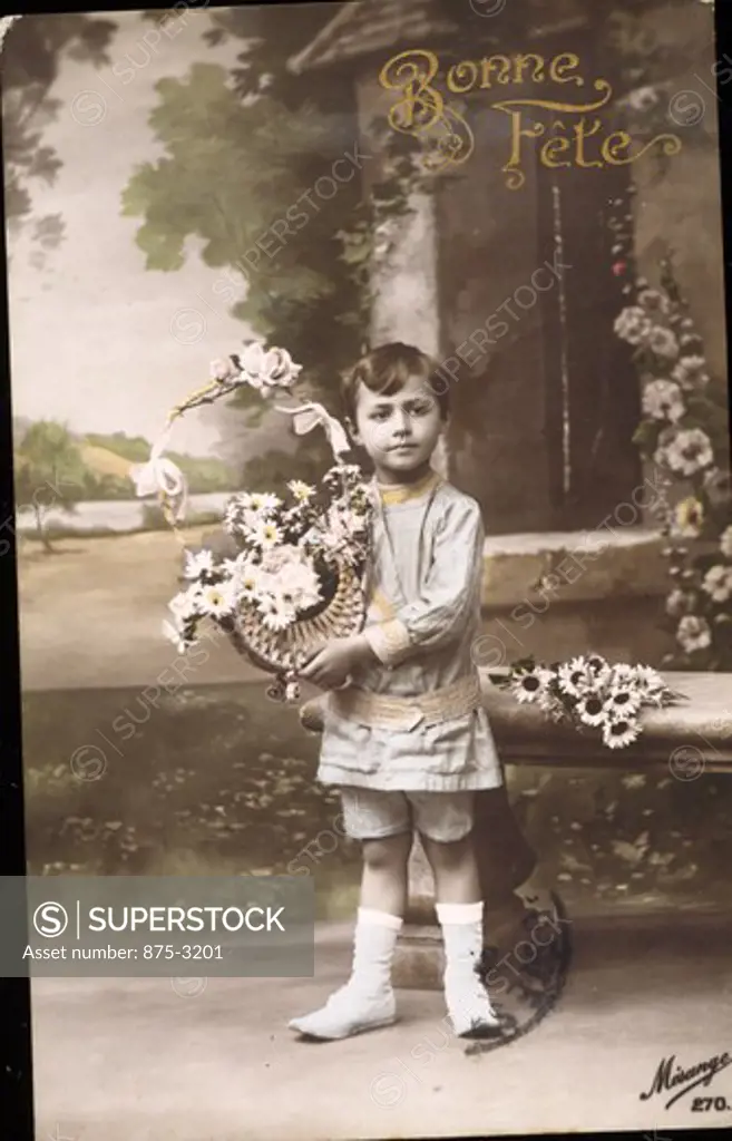 Boy carrying flower on Bonne Fete by Misange, Nostalgia Card, Private Collection