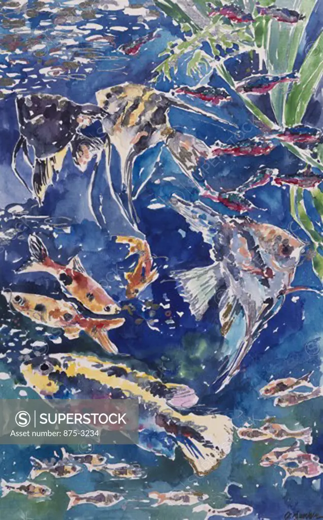 Tropical Fish II by John Bunker, watercolor and metallics, 1996