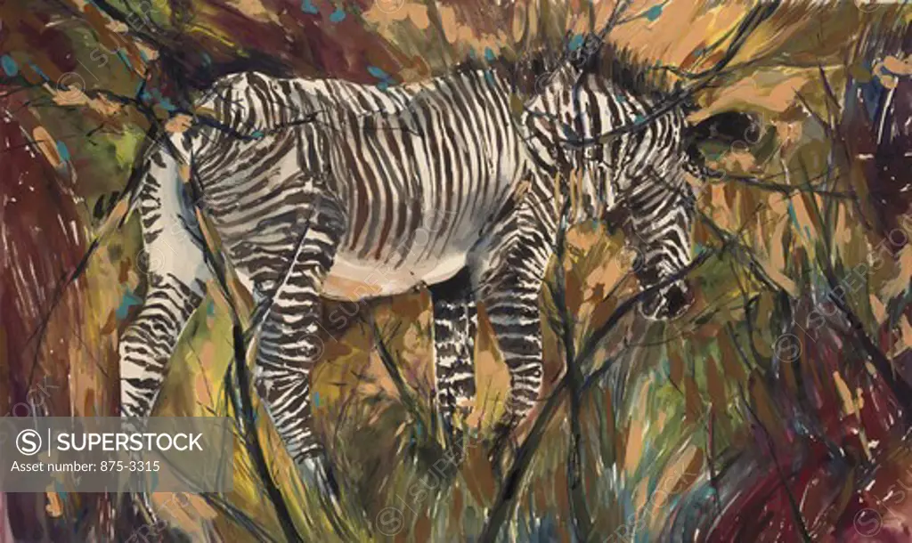 Zebra in the Bush, by John Bunker, watercolour and acrylic, 1997, 20th Century