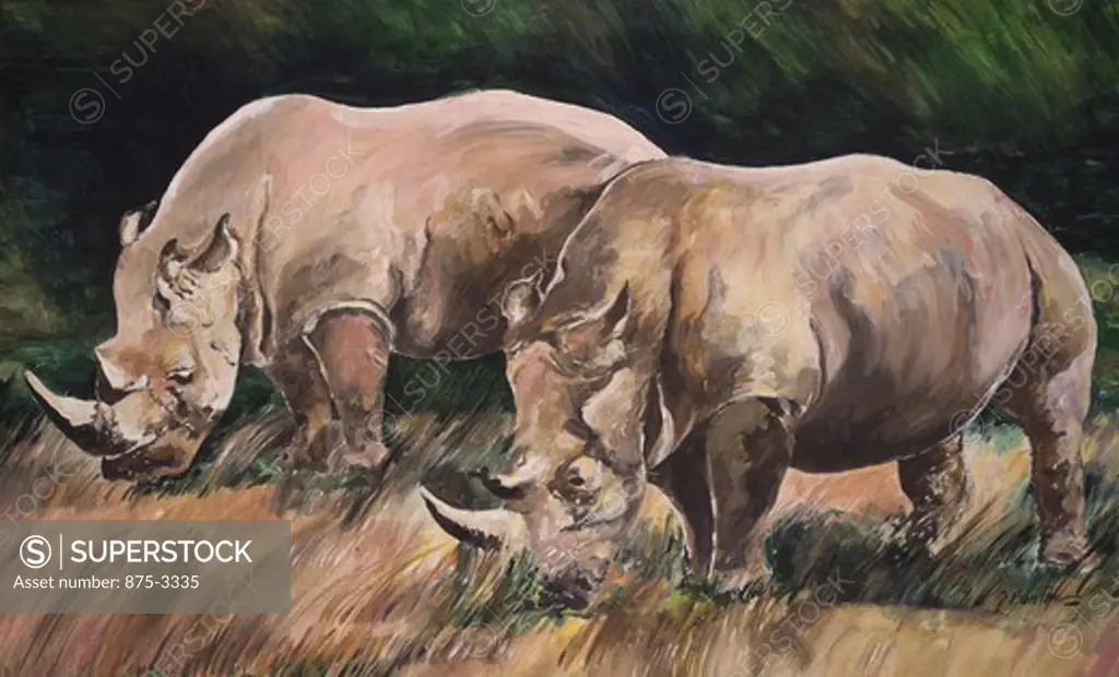 Mt. Kenya Safari Club Rhinos, by John Bunker, acrylic on canvas, 1997, 20th Century