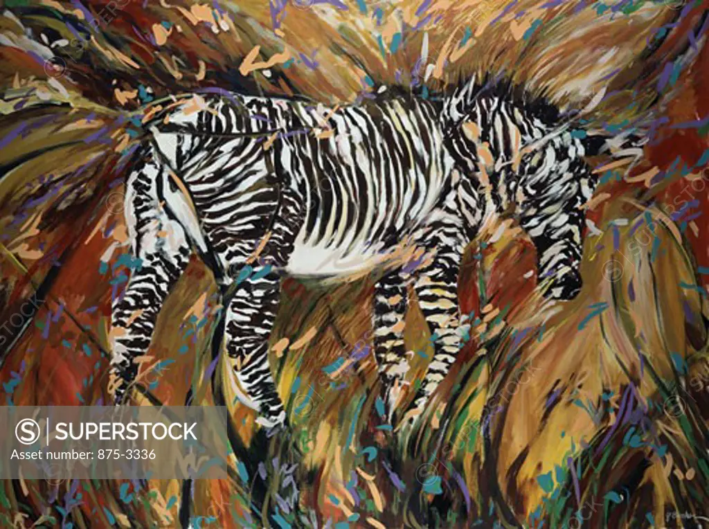 Kenya Safari-Festive Zebra, 1998, John Bunker (20th C. American), Acrylic on canvas