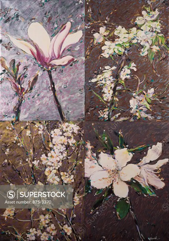 Japanese Magnolia, Plum & Azaleas Quad by John Bunker, acrylic on canvas, 2000