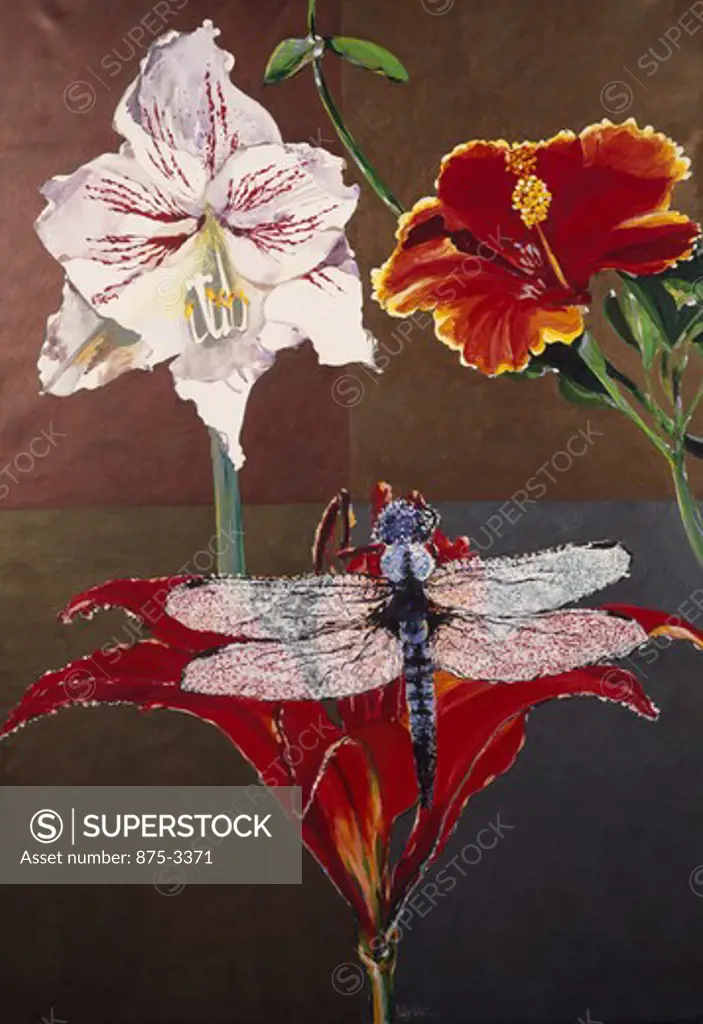 Dragonfly, Lily, Amaryllis & Hibiscus Quad, by John Bunker, acrylic on canvas, 2000, 20th Century