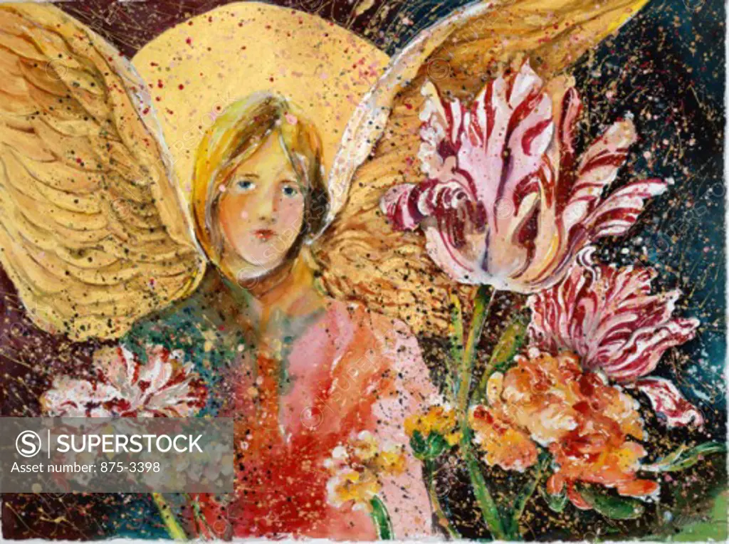 Angel with Tulips, 2002, John Bunker (20th C. American), Watercolor & metallics)